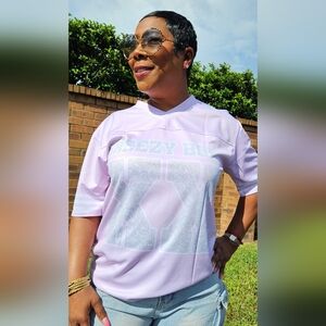 Chris Brown Tour 2025 Breezybowl Baby Pink and Silver Graphic Jersey Top